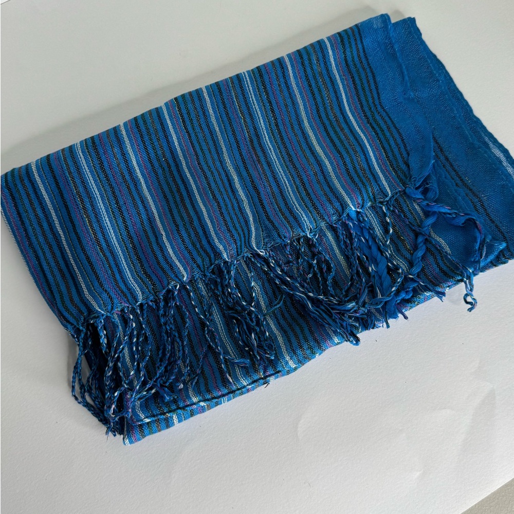 Elegant Blue Striped Wrap with Fringe Tassels